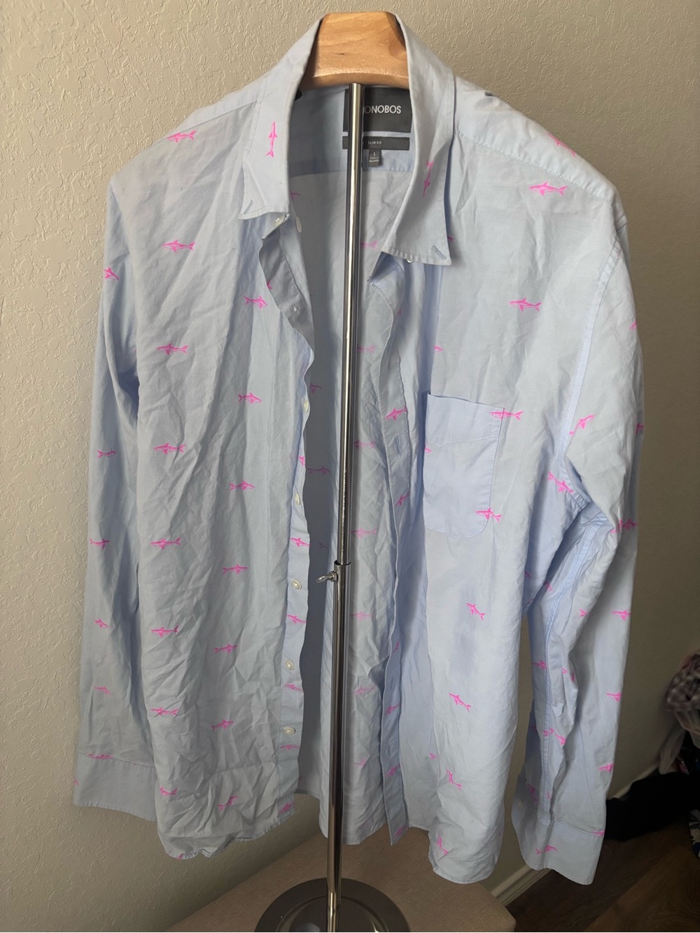 Bonobos Shark Print Button Down Shirt Light Blue Neon Pink Slim Fit Mens L